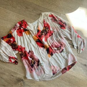 Sheer silk floral button down shirt blouse